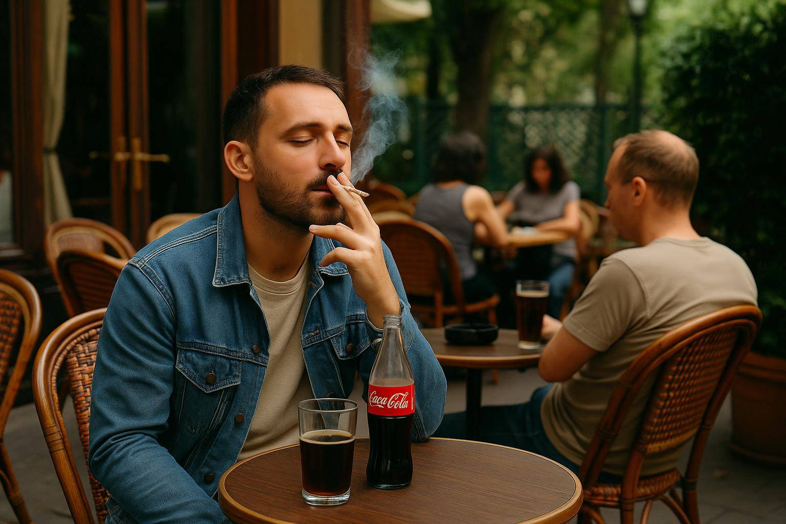 Un homme qui fume sa cigarette en terrasse avec un bouteille de coca et un verre repli de coca sur sa table