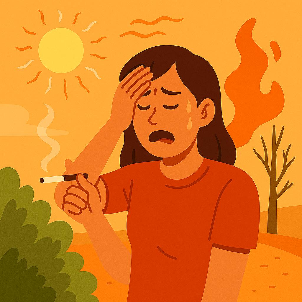 Femme en sueur sous un soleil brûlant, cigarette à la main, visiblement accablée par la chaleur.
