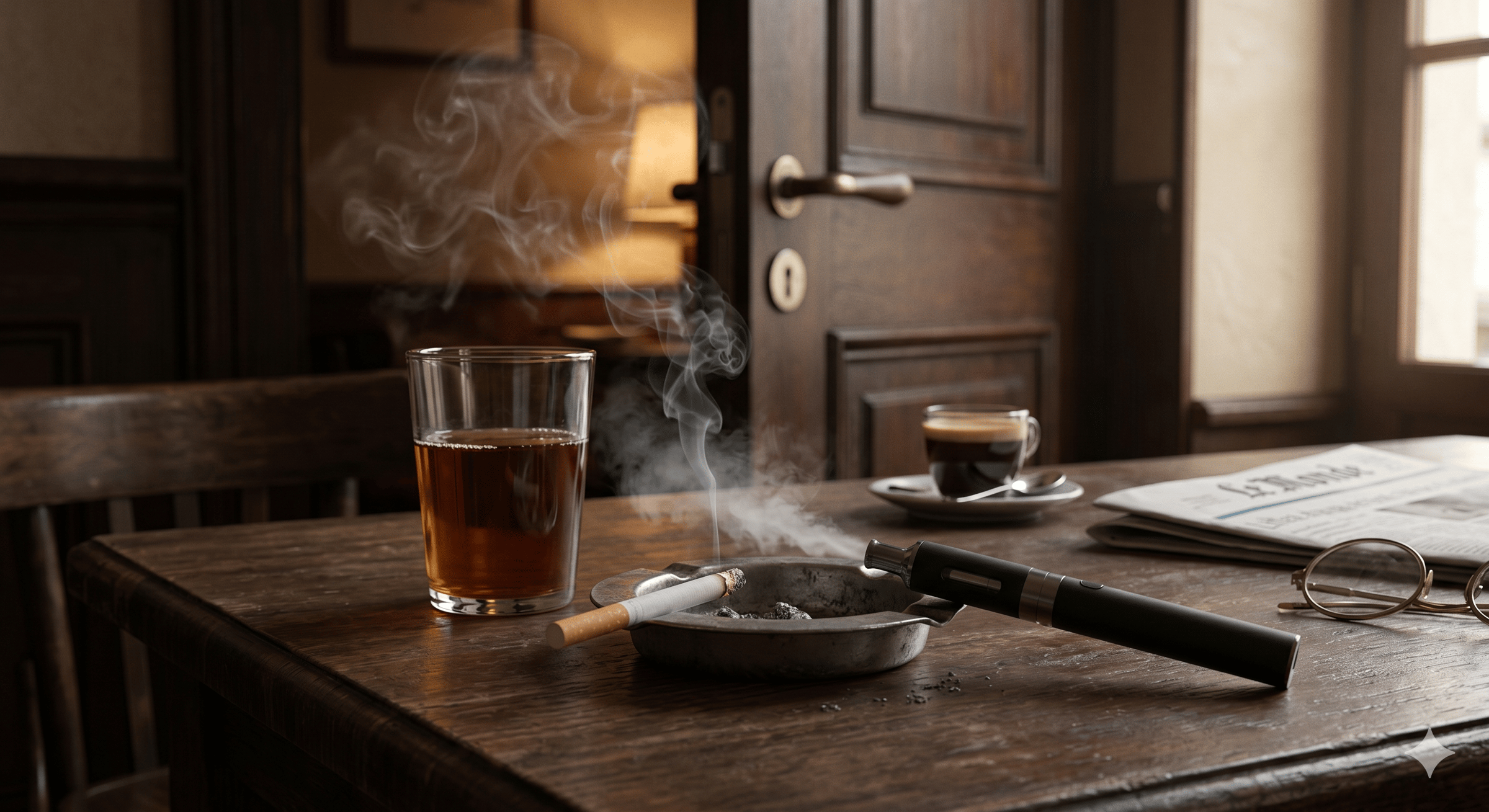 Une photo atmosphérique en gros plan d'une table en bois usé dans un café. Au centre, un cendrier métallique contient une cigarette allumée dont la fumée s'élève, et une cigarette électronique (vape) noire et argentée est posée à côté. À gauche, un verre 