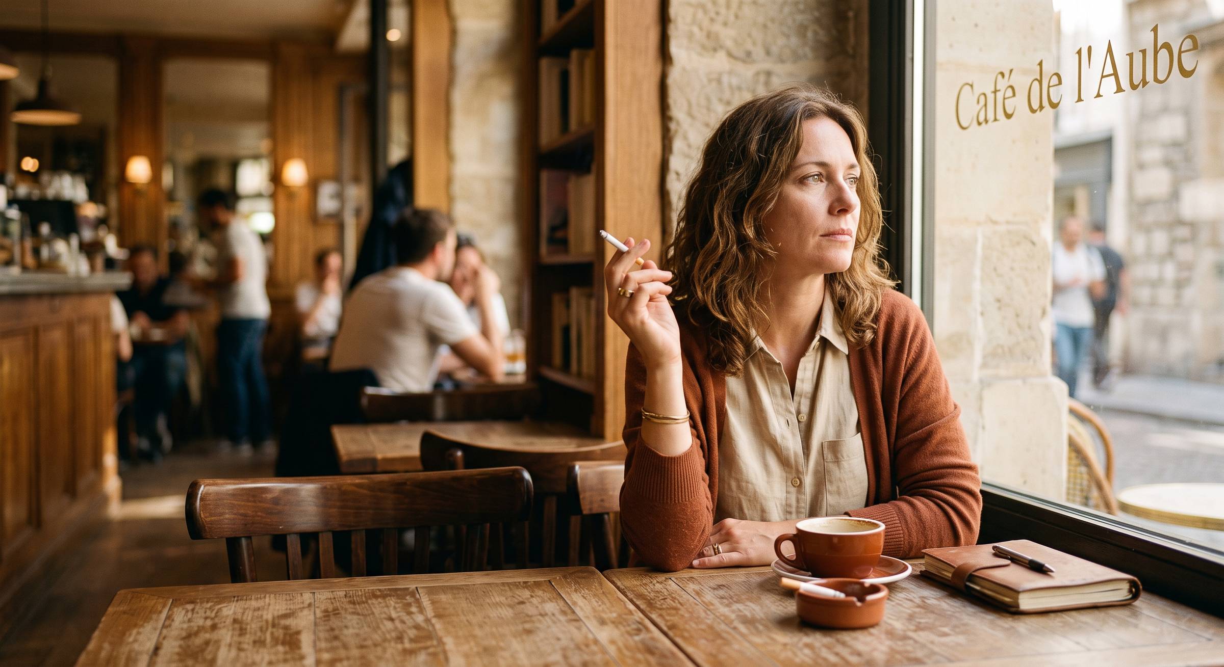 Une femme adulte assise dans un café, regard dans le vide, une cigarette entre les doigts qu'elle ne fume pas, ambiance matinale chaude, lumière de septembre, style photographique naturel, tons dorés et beiges, fond légèrement flou, émotionnel mais pas dr
