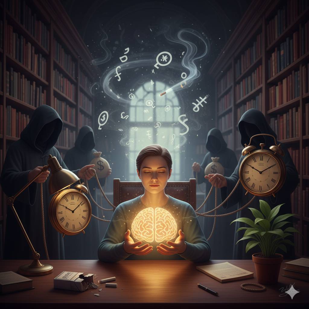 Une personne méditant tenant un cerveau lumineux dans ses mains, entourée de silhouettes à capuchon manipulant des symboles d'argent, de temps et de cigarettes, dans une bibliothèque. La scène symbolise la confiance en son esprit face aux influences extér