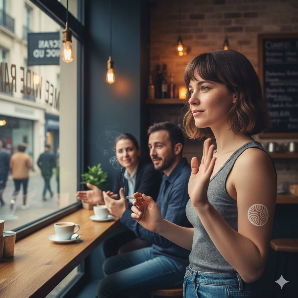 Une femme regarde pensivement par la fenêtre d'un café, une cigarette à la main, tandis que d'autres personnes fument derrière elle, évoquant le défi du Mois Sans Tabac."