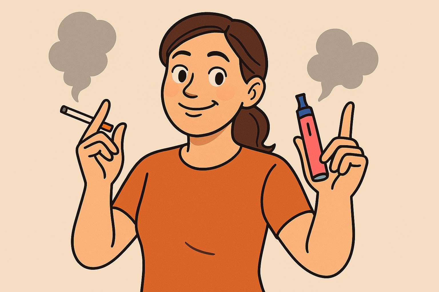 llustration d’une femme souriante tenant une cigarette dans sa main droite et une vapoteuse rose dans sa main gauche. Elle semble fière, avec une expression confiante et les yeux tournés vers le spectateur. De la fumée s’échappe de la cigarette et de la v