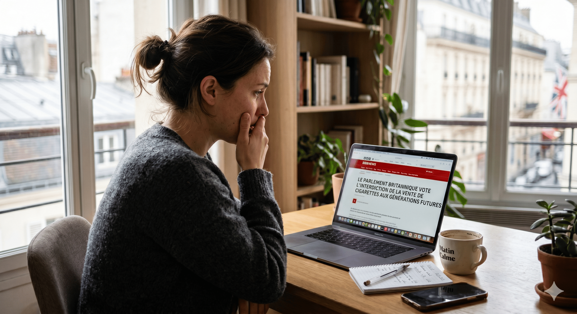 Photographie de profil d'une femme assise à un bureau en bois devant une fenêtre donnant sur une vue de la ville de Paris. Elle regarde l'écran de son ordinateur portable avec une expression de surprise, sa main couvrant sa bouche. Le bureau est équipé d'