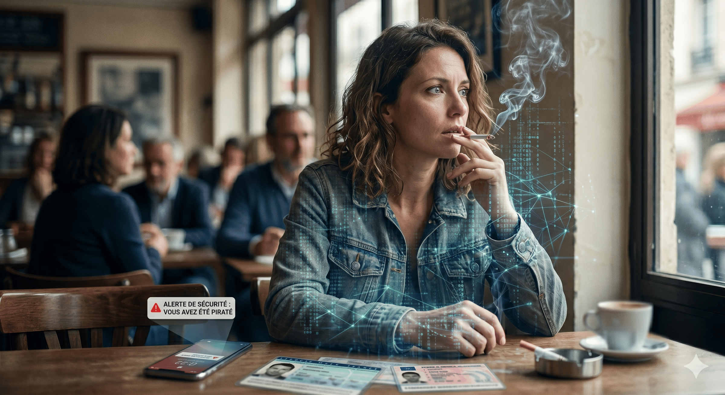 Une photographie réaliste montre une femme pensive assise à une table de café, fumant une cigarette. La fumée de sa cigarette s'élève et se transforme en un réseau de données tridimensionnel complexe et lumineux autour de son visage. Sur la table devant e