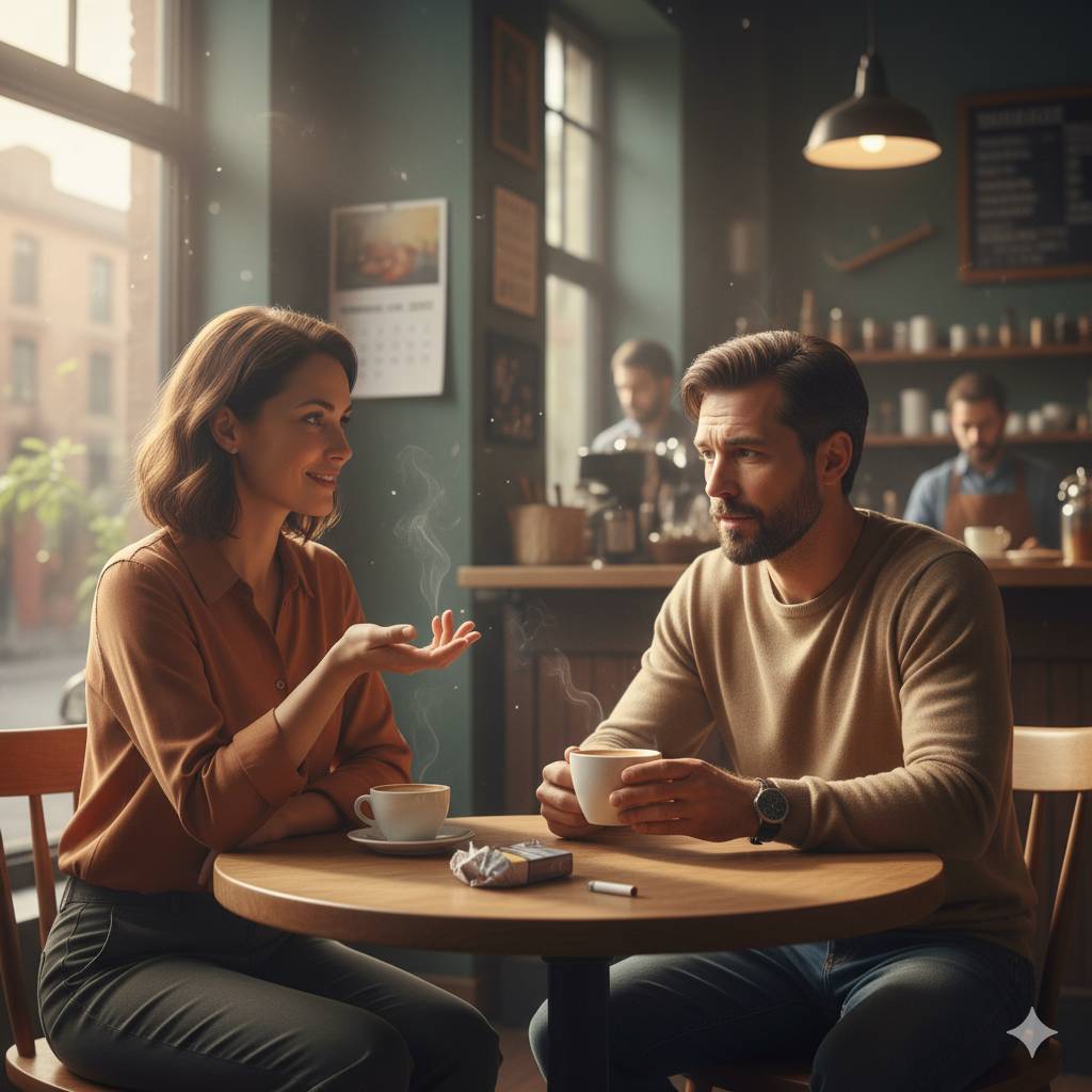 Deux personnes, un homme et une femme, sont assises à une table de café en bois, buvant du café. La femme, souriante, gesticule tandis que l'homme l'écoute attentivement, l'air pensif. Sur la table entre eux, on voit une tasse de café, un paquet de cigare