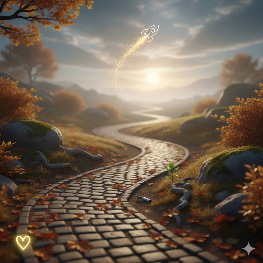 Un chemin pavé serpentant à travers un paysage vallonné aux couleurs automnales. Le soleil se lève à l'horizon, éclairant le chemin. Un petit plant pousse au bord du chemin, à côté d'un mégot de cigarette écrasé. Un cœur lumineux est visible dans le coin 