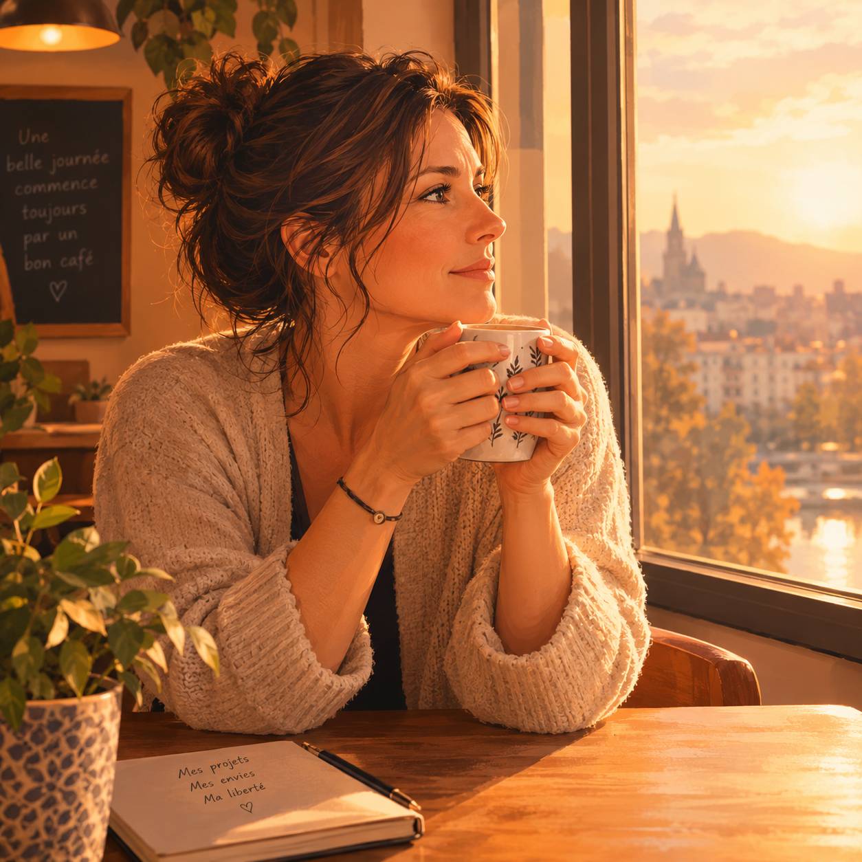 Une femme autour de la trentaine-quarantaine, assise à une table de café le matin, les deux mains autour d'un mug, regard pensif par la fenêtre. Ambiance lumière dorée matinale, couleurs chaudes beige et orange, style illustration semi-réaliste doux. Pas 