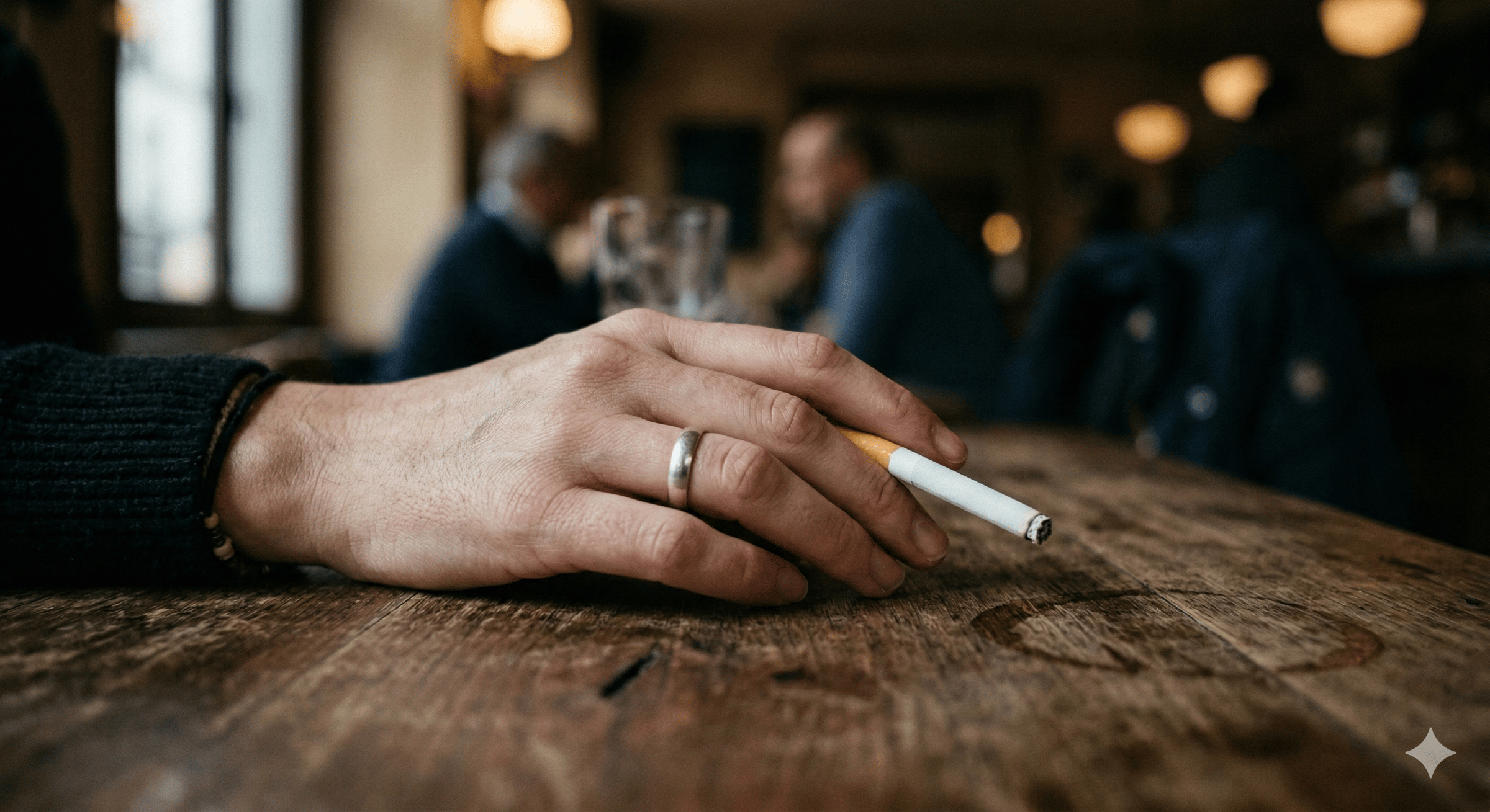 Main posée sur une table en bois de café, tenant une cigarette éteinte, personnes floues en arrière-plan, ambiance tamisée et mélancolique