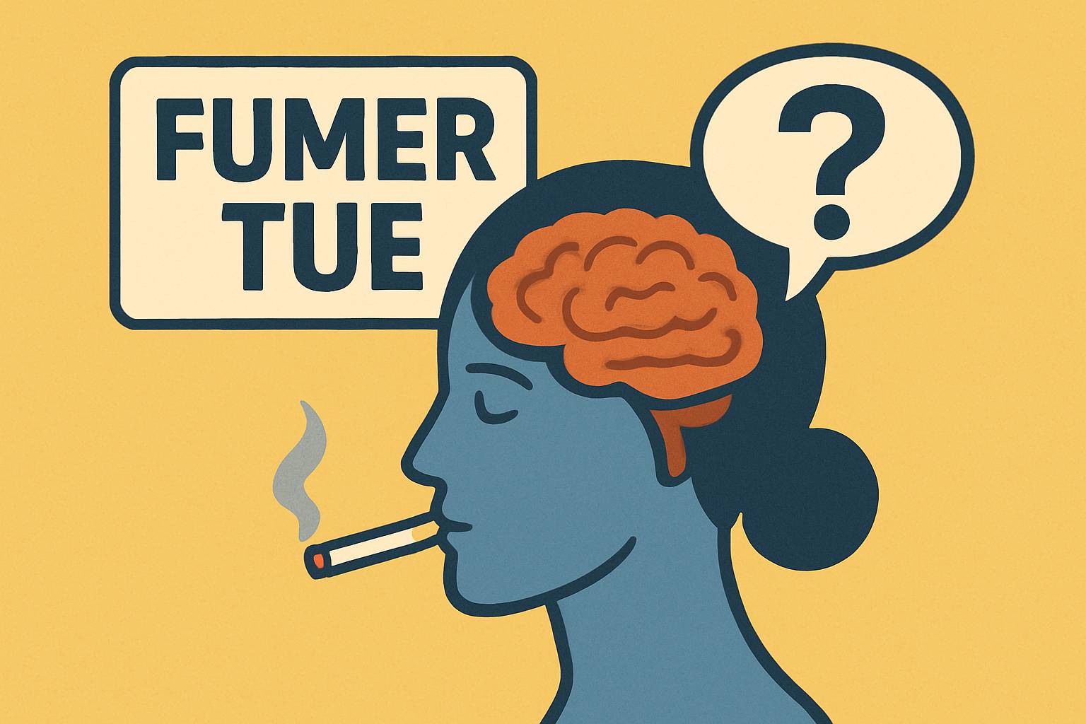 Illustration stylisée d’une femme de profil, cigarette à la bouche, avec son cerveau en évidence et une bulle contenant un point d’interrogation. À côté d’elle, un panneau indique “FUMER TUE