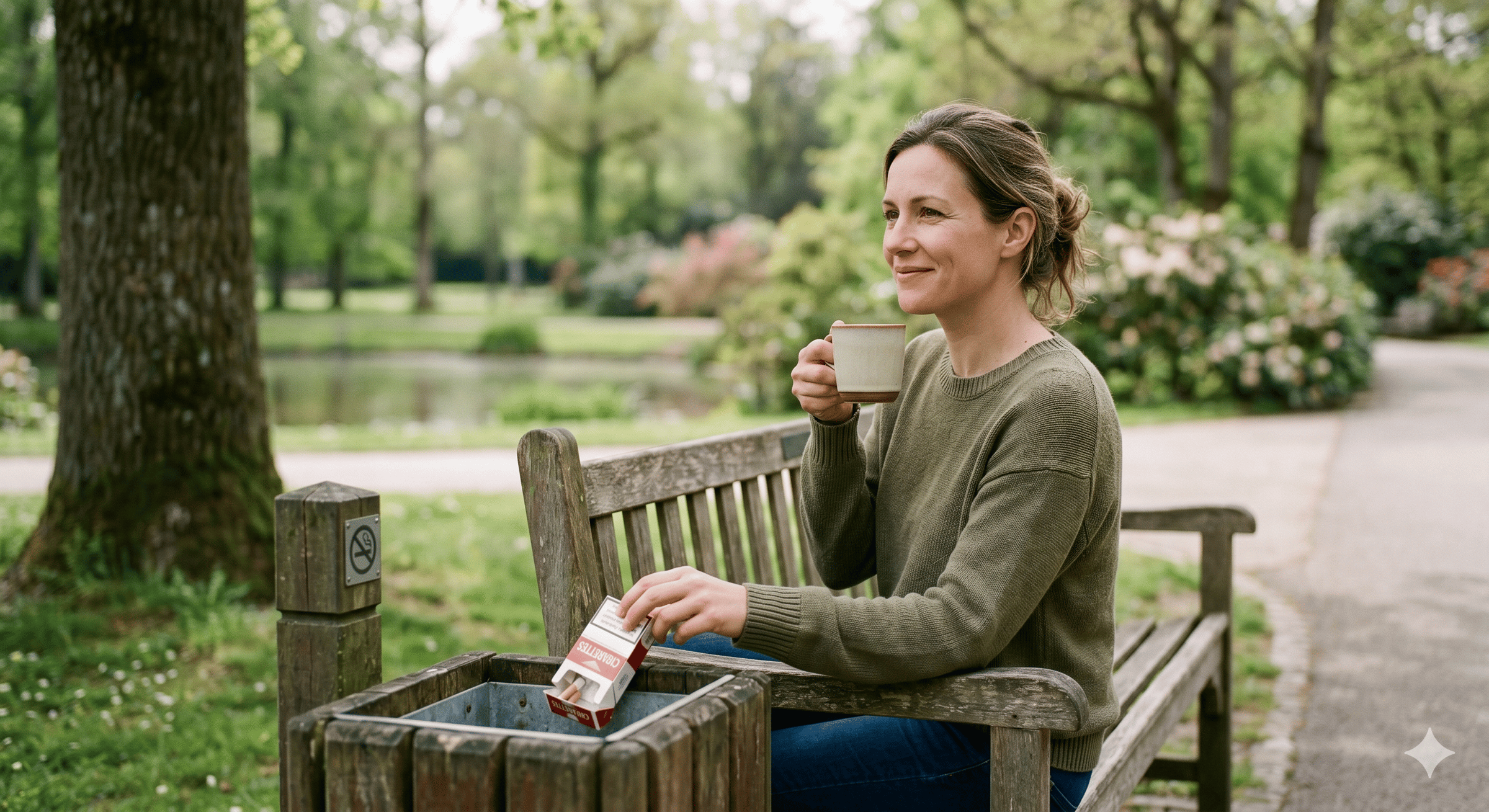 Une femme d'âge moyen, vêtue d'un pull vert olive, est assise sur un banc de parc en bois. Elle sourit sereinement tout en buvant dans une tasse en céramique. De sa main gauche, elle jette un paquet de cigarettes rouge et blanc dans une poubelle attachée 