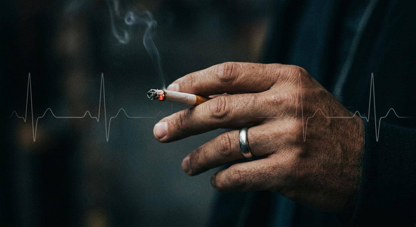 Gros plan d'une main tenant une cigarette allumée dont s'échappe de la fumée, sur fond sombre, avec une ligne d'électrocardiogramme blanche superposée horizontalement.