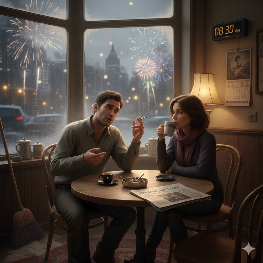 Un homme est une femme qui discute dans un bar avec le journal de l'année 2026 posé sur la table à côté du cendrier l'homme a une cigarette à la main et al femme un café 