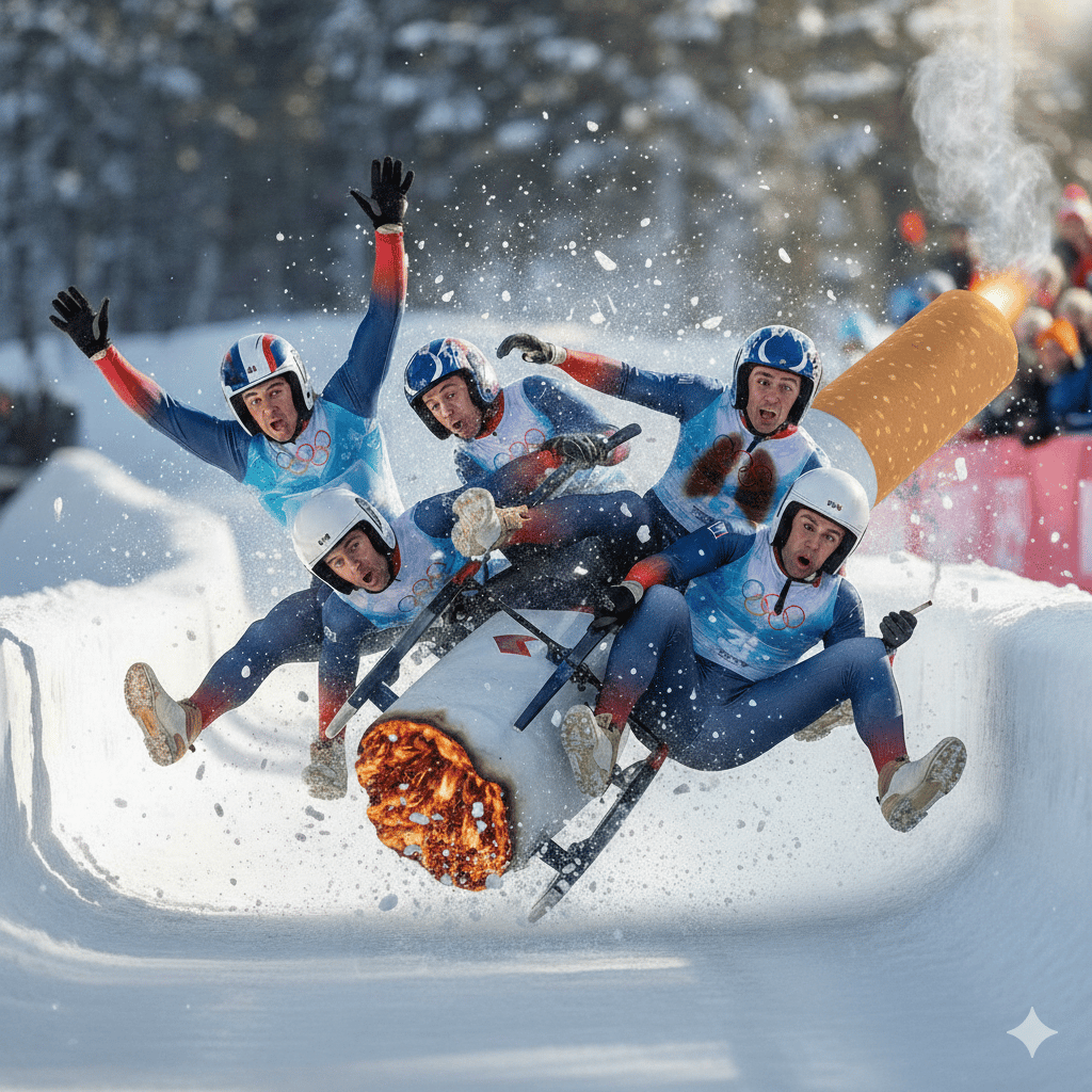 Une image ultra-réaliste d'un équipage de bobsleigh en pleine chute dans un virage glacé des JO d'hiver. Le bobsleigh lui-même a la forme d'une cigarette géante allumée, avec un filtre orange à l'arrière dégageant des étincelles et de la fumée. Les athlèt