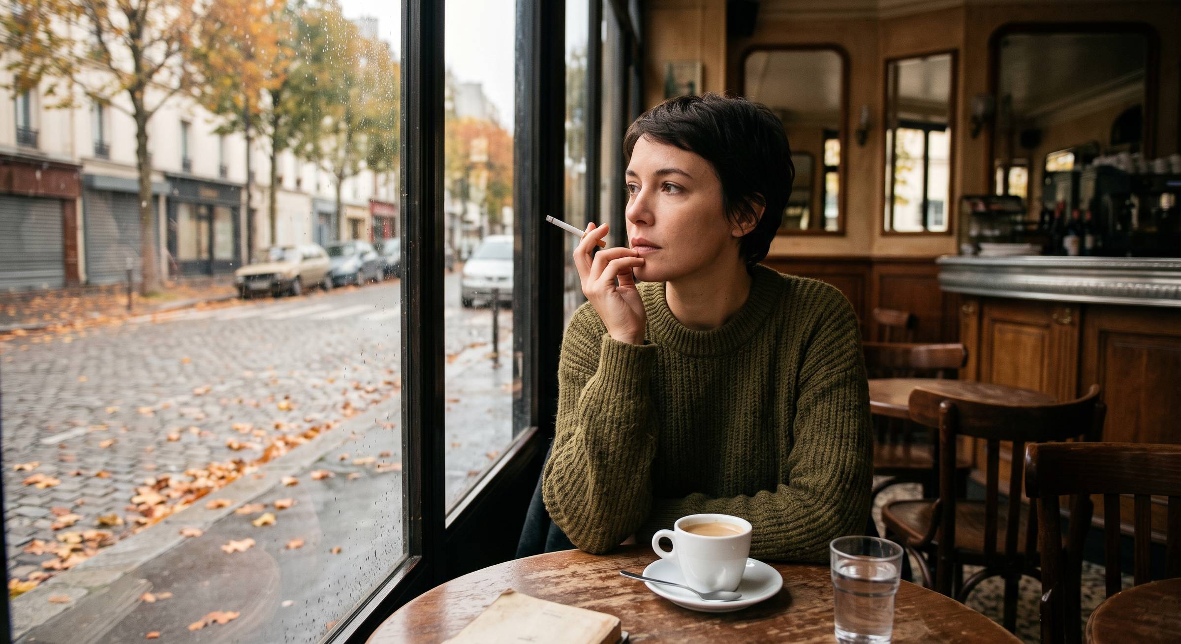 Une personne assise seule à une table de café un mercredi matin tranquille, une tasse de café devant elle et une cigarette éteinte entre les doigts, regardant par la fenêtre une rue d'automne déserte. Ambiance intime de café français avec une lumière douc