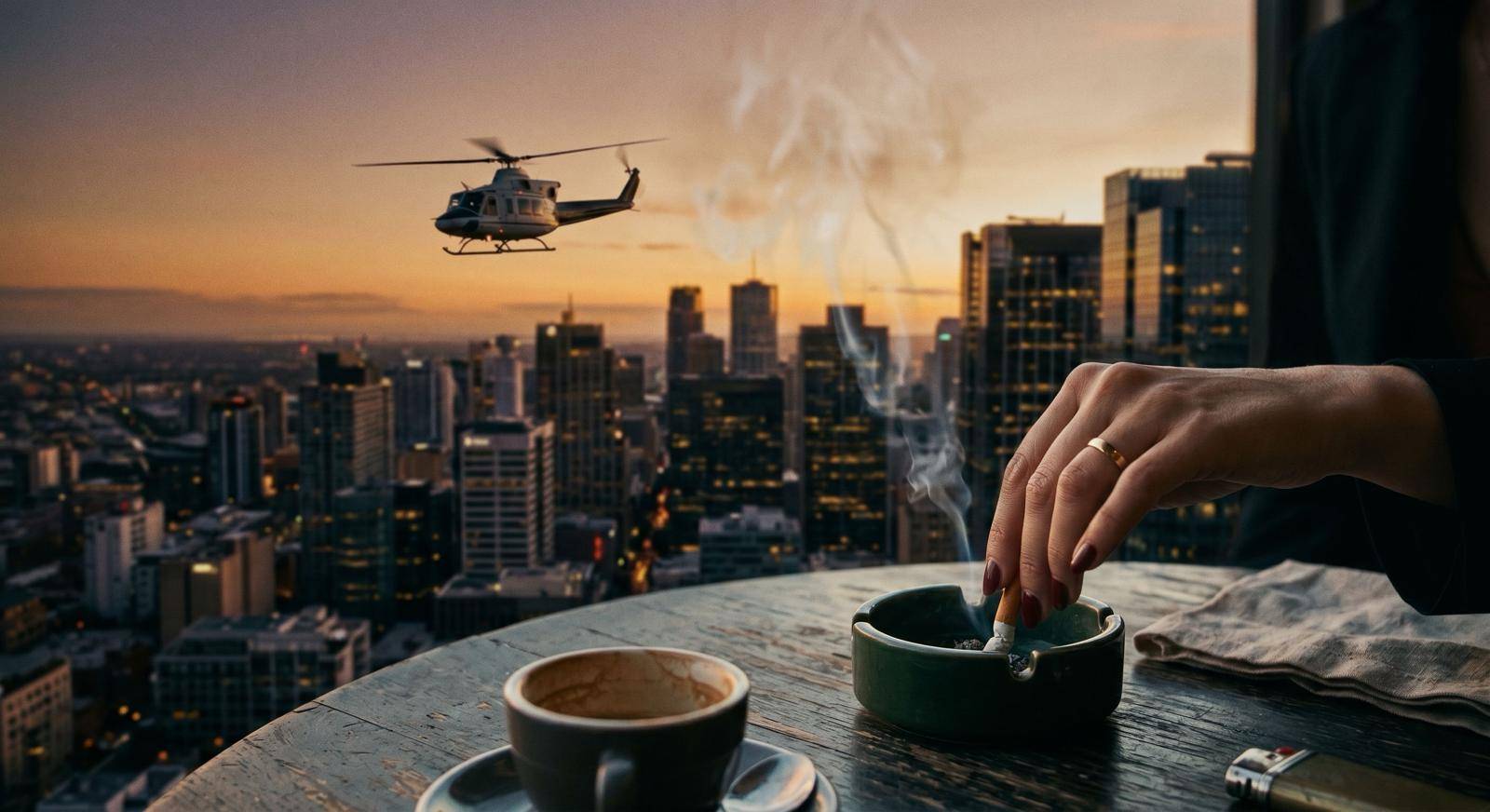 Vue cinématographique aux tons chauds lors de la "golden hour". Au premier plan, sur une table en bois, une main féminine avec du vernis rouge et une bague en or éteint doucement une cigarette dans un cendrier vert. Une tasse de café et un briquet reposen