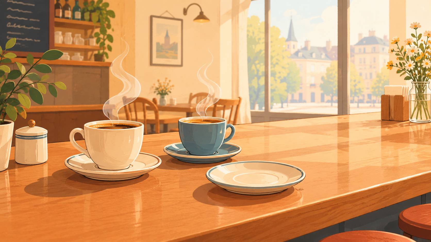 Flat editorial illustration, warm cream background (#FFF7E4), a cozy French café counter on a calm morning, two steaming coffee cups next to an empty saucer, soft window light, small hand-drawn details, gentle humorous mood, lots of breathing space in the