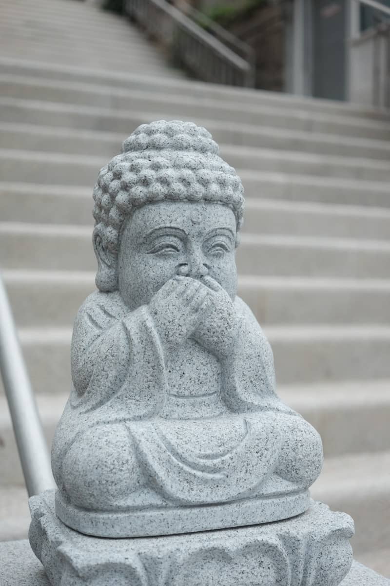 A grey stone statue of a Buddha covering its mouth with both hands