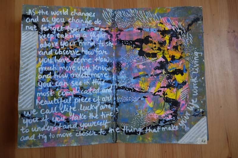 Abstract art with handwritten text and paint splattered paint.
