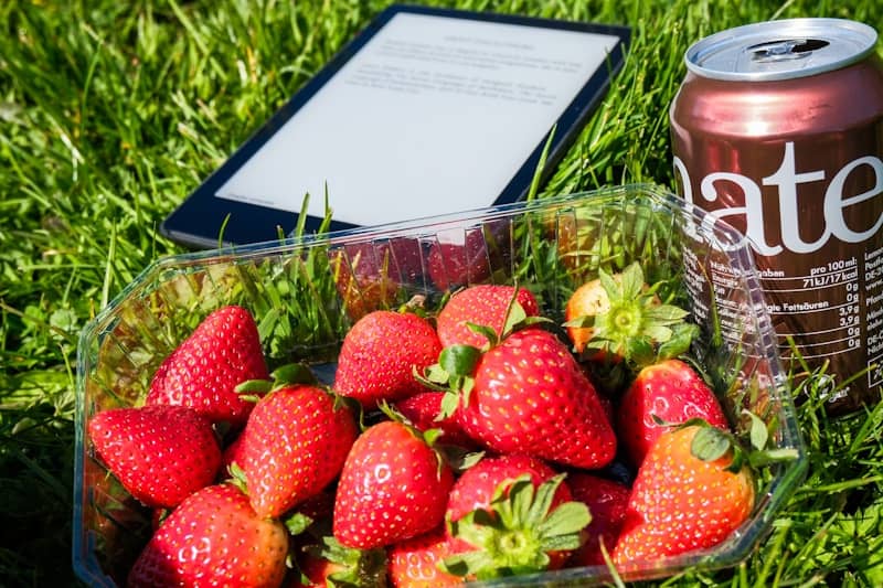 Fresh strawberries, e-reader, and chocolate drink on grass.