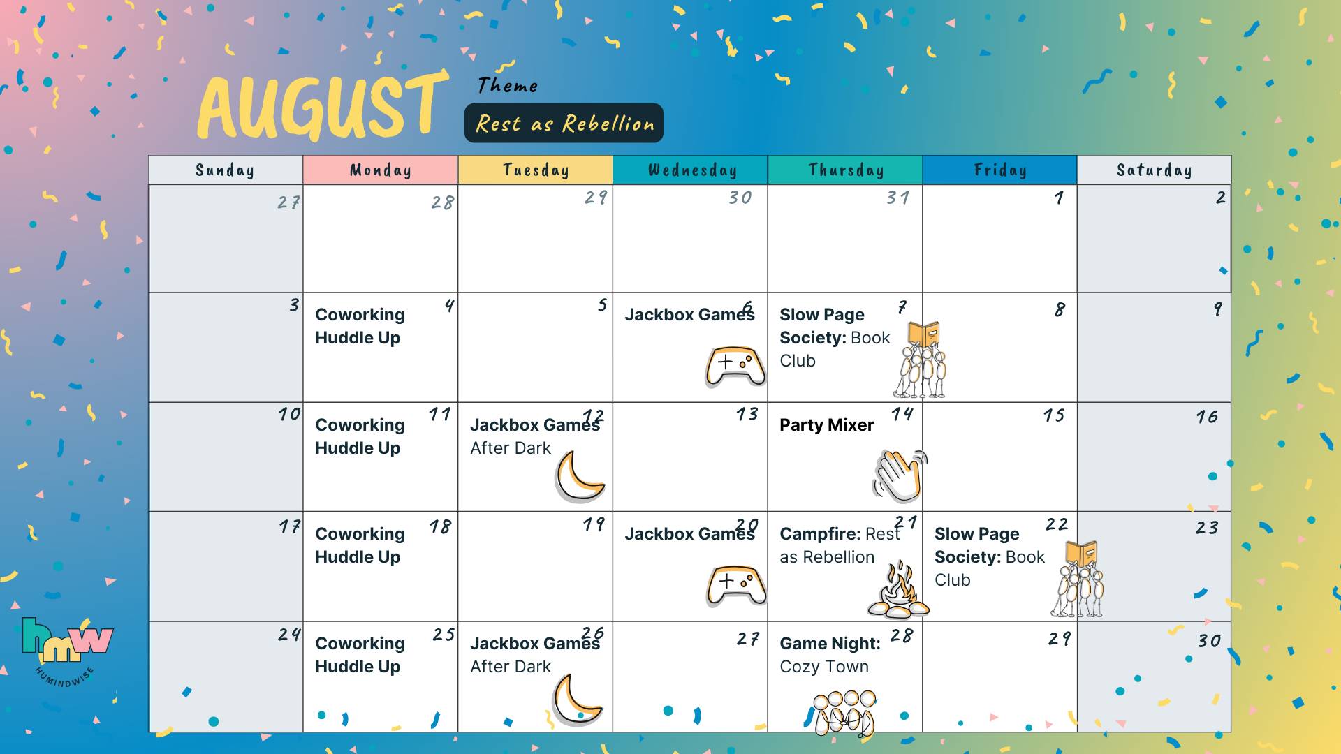 August calendar of events for The Party