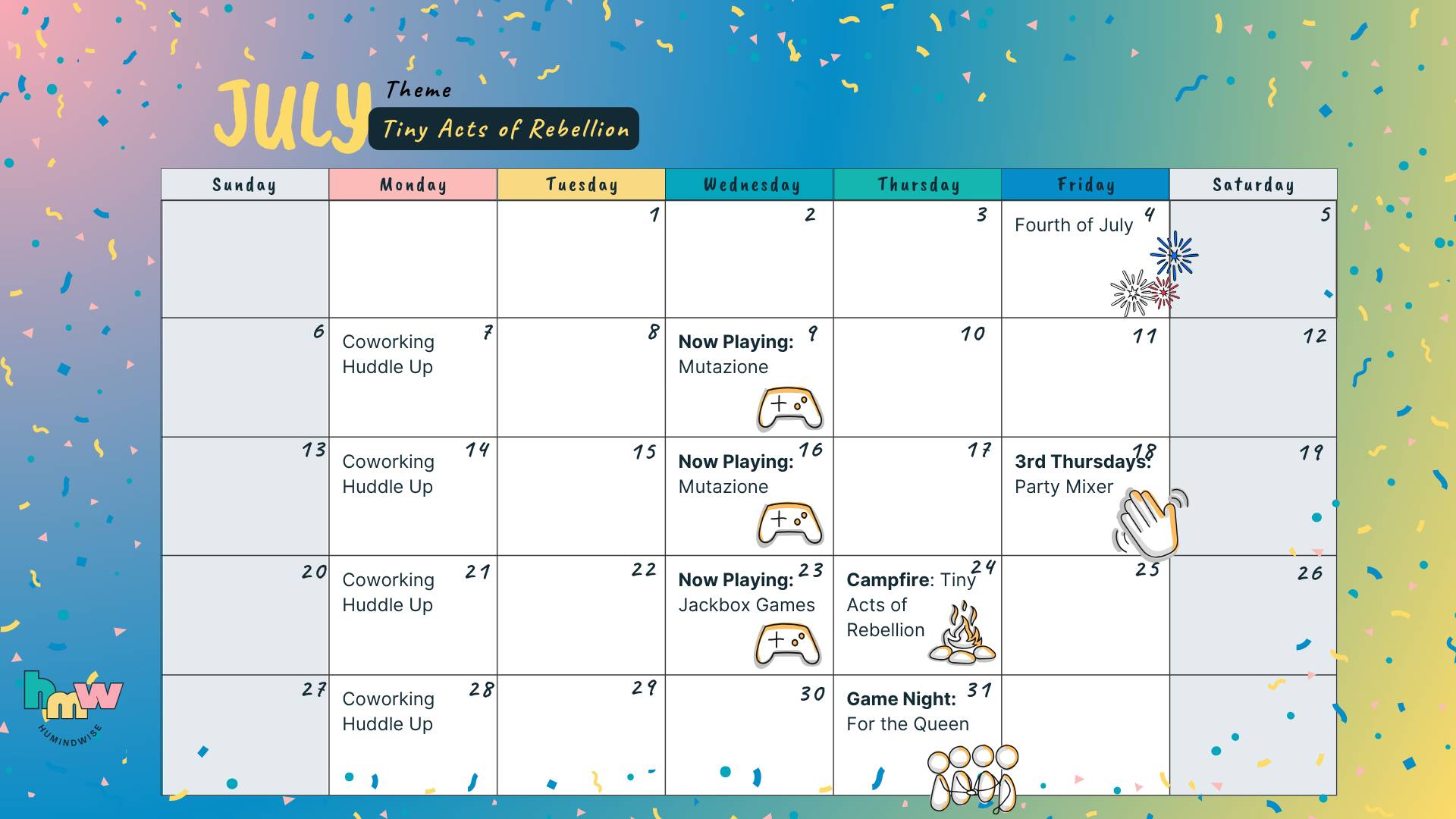 The calendar of events for July