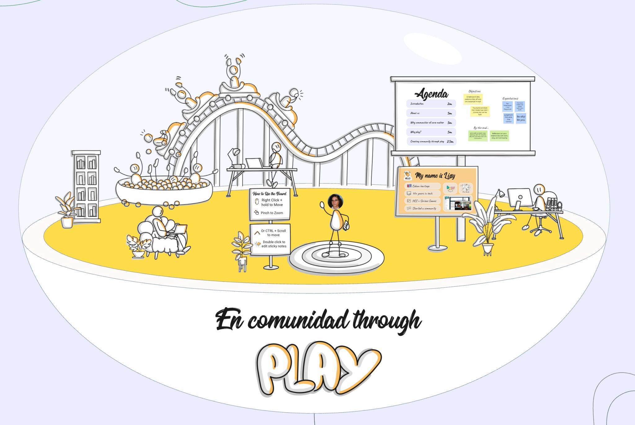 Screenshot of the miro board featuring a bubble world with a roller coaster, ball pit, and sticky notes.