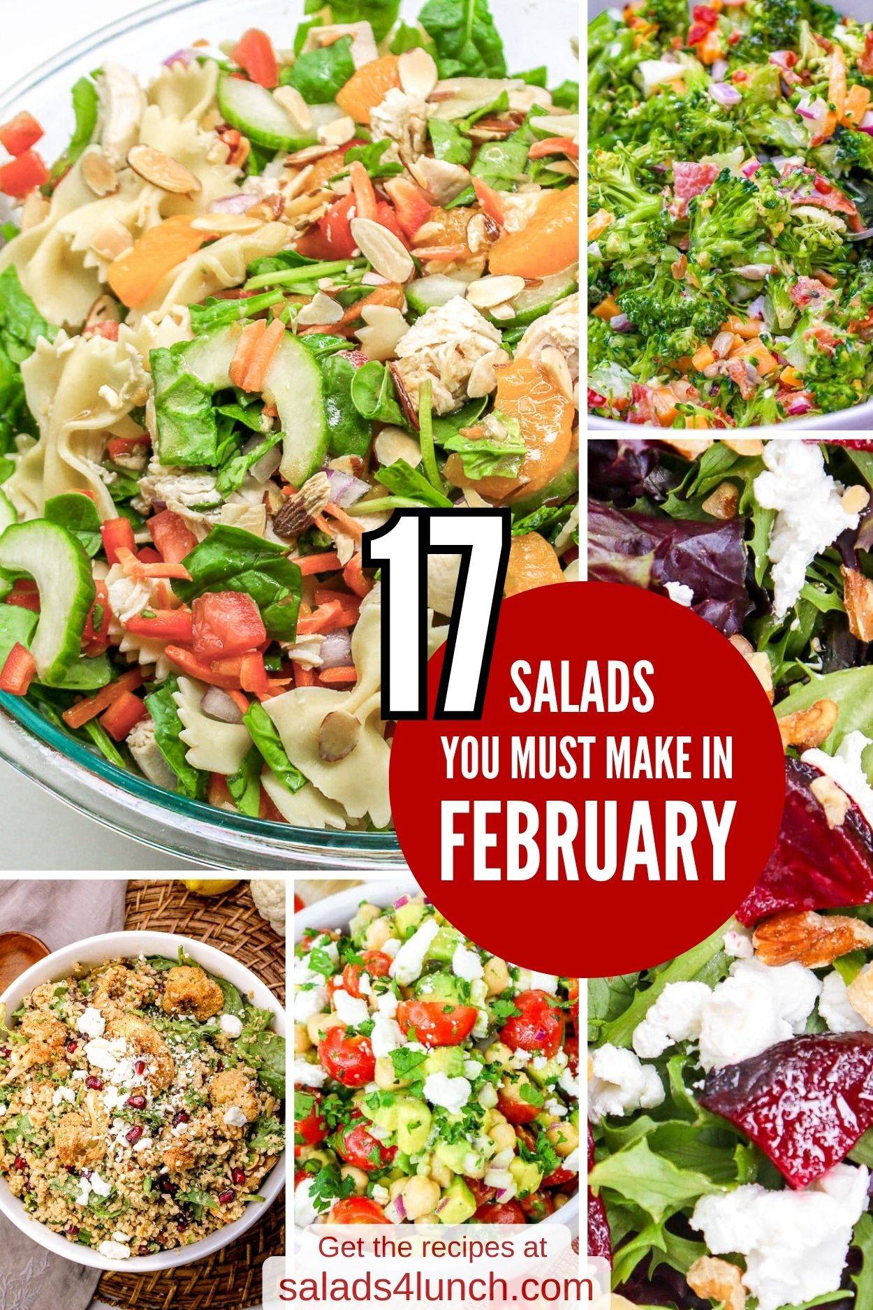 A collage of various salads, with a large text in the center reading, "17 Salads You Must Make in February." The salads include a variety of ingredients like greens, pasta, vegetables, nuts, cheese, and grains. There is a circular red backdrop behind the text. At the bottom, there is a mention to get recipes at "salads4lunch.com".