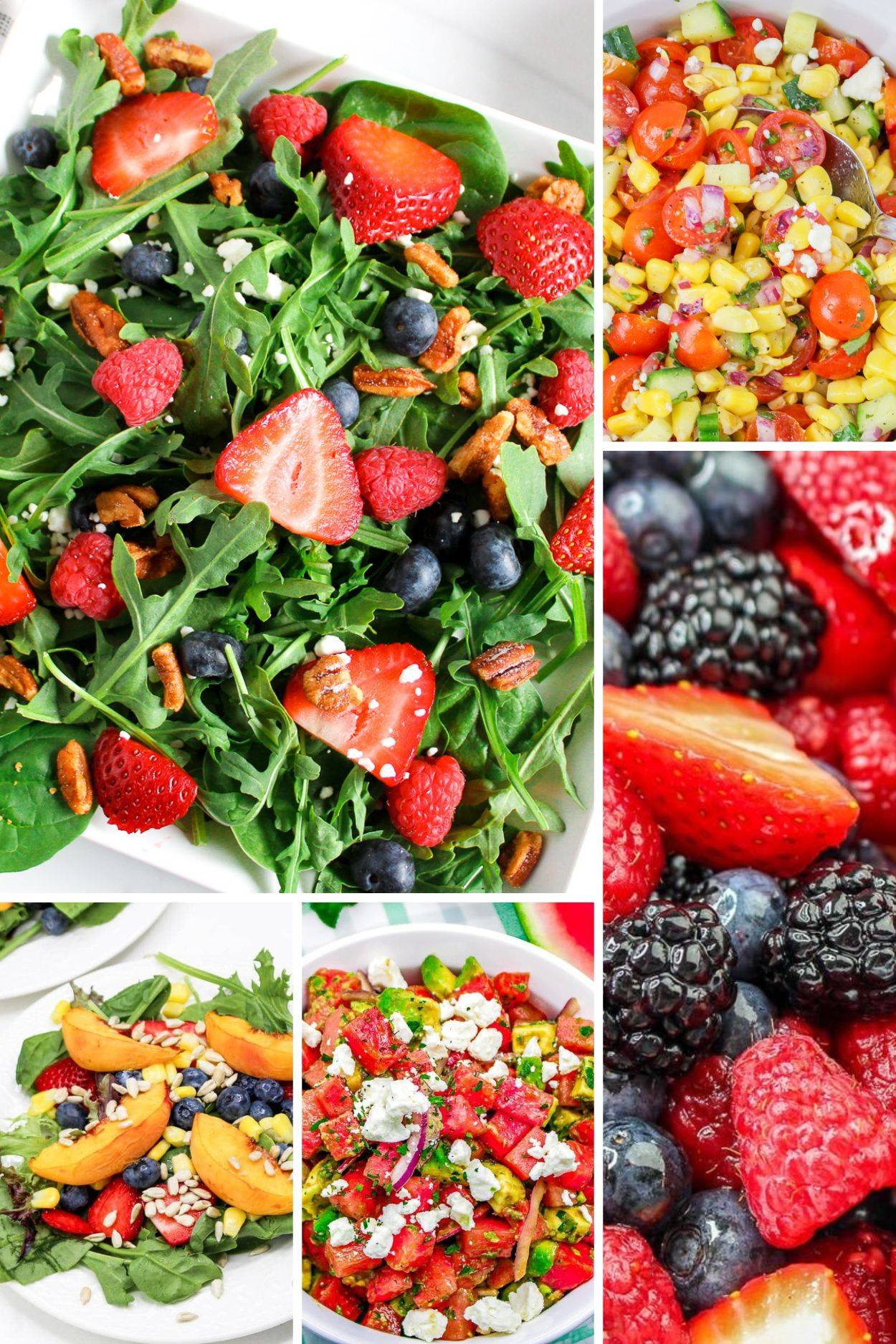 A collage of fresh summer salads to make in June featuring strawberries, watermelon, corn and peaches.