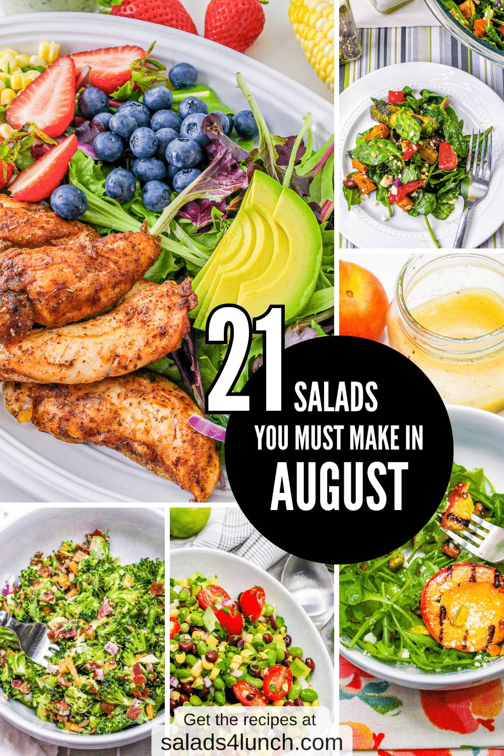A collage of summer salads to make in August.