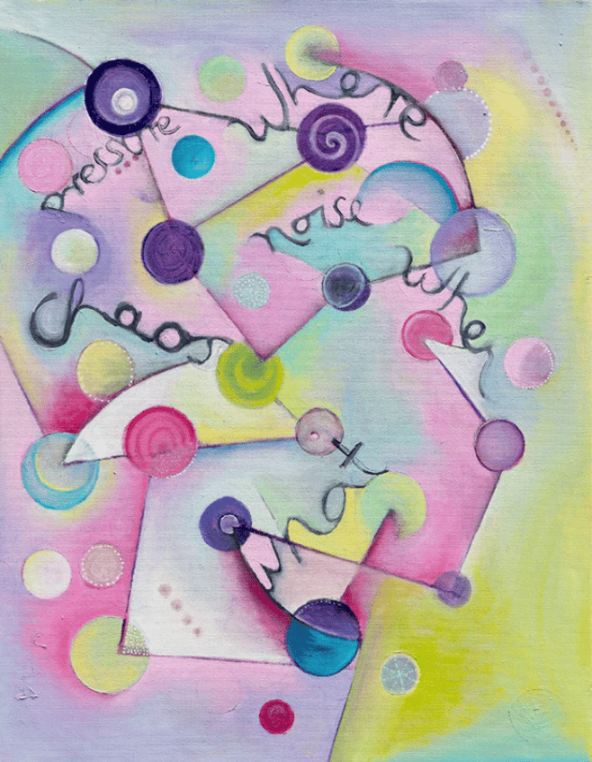 Colorful abstract watercolor with geometric shapes, spirals, and circles in pink, purple, and yellow representing the balance between creative flow and structure