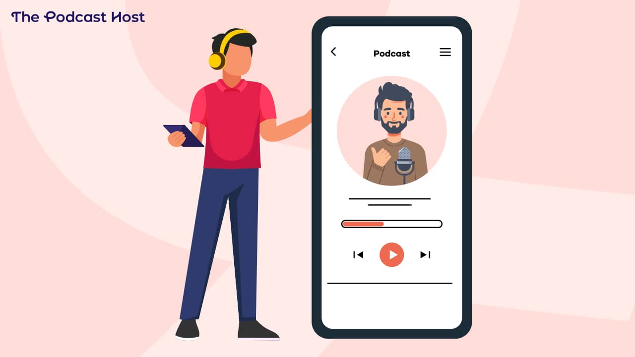 podcaster with headphones standing next to human sized smartphone