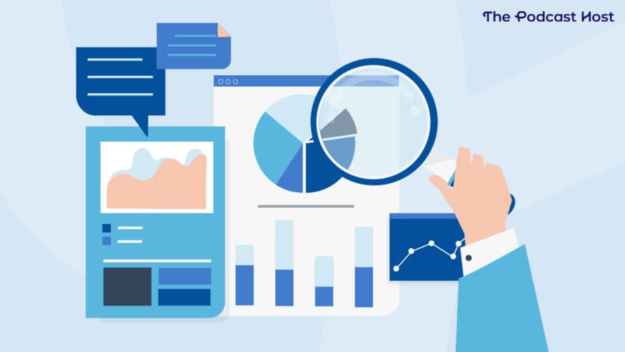 A hand holding a magnifying glass over pie charts, bar graphs, scatter plot charts, and a report