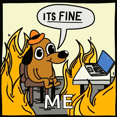 a meme of a dog working inside while saying, I'm fine