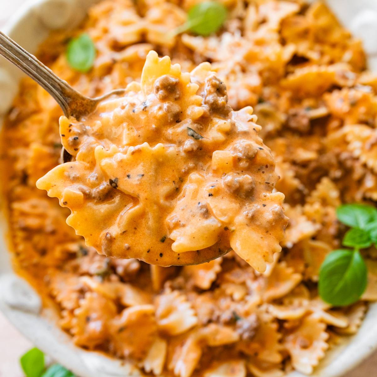 creamy beef and bowtie pasta