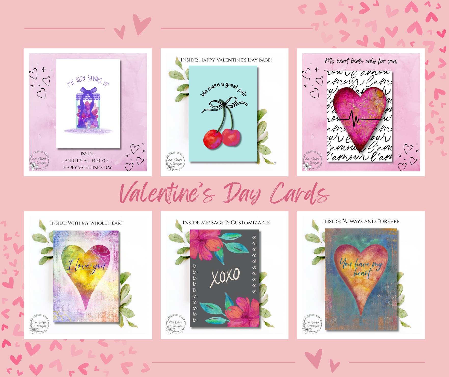 this shows 6 of my Valentine's Day cards on a pink background with the title, "Valentine's Day Cards" in the middle
