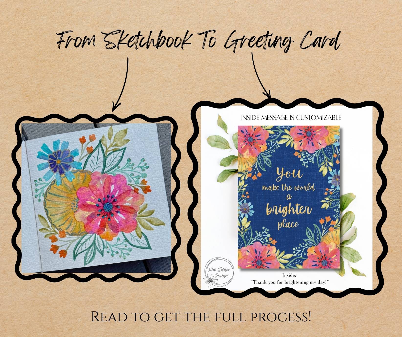 a sketchbook watercolor piece and a finished greeting card using said piece.