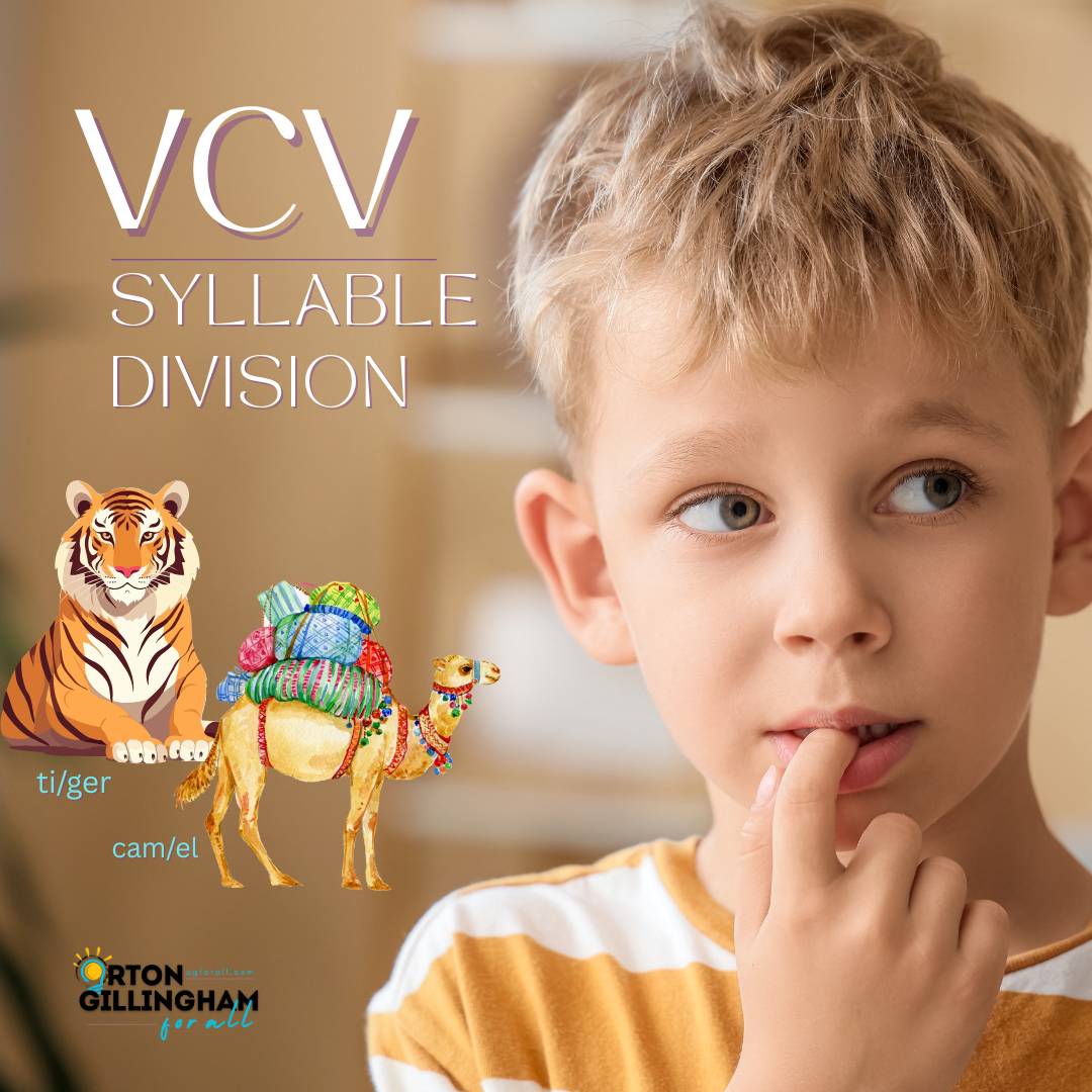 VCV syllable division featuring Tiger and Camel word examples ti/ger and cam/el