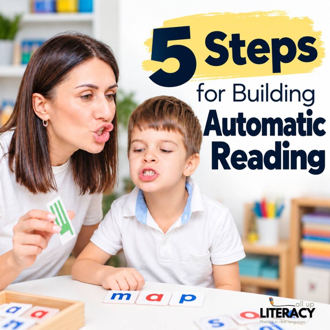 Teacher practicing word reading and blending with a beginning reader
