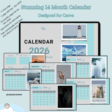 My newest calendar - for the last 4 months 0f 2025 and 12 months 2026. Each page has a photo of my travels and the cover has 2 photos. 15 photos in all