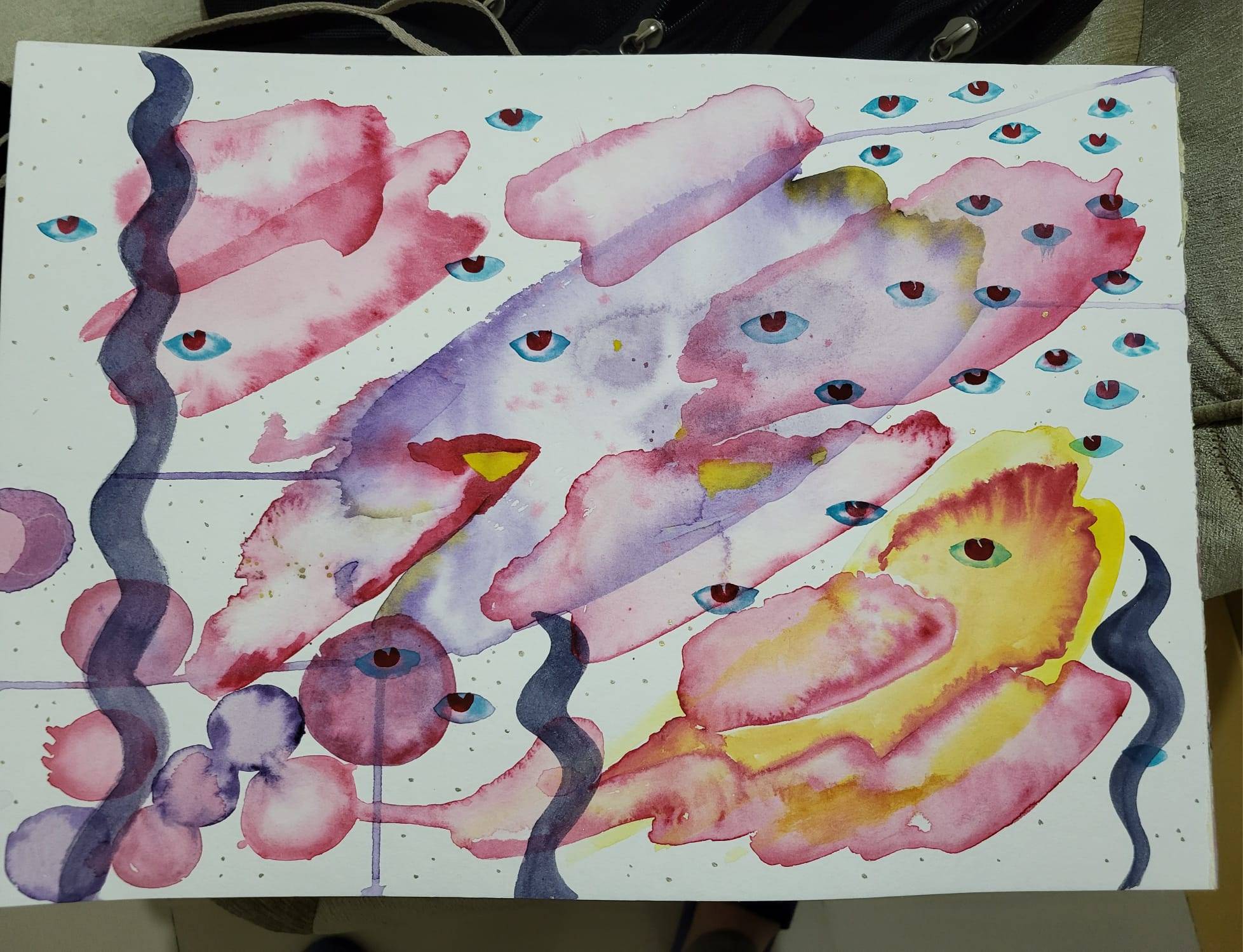 An abstract watercolor painting featuring an array of colorful brushstrokes in shades of pink, purple, yellow, and blue. Scattered throughout the composition are numerous small eye motifs, each with a blue iris and red sclera. Curved lines and circular shapes add an additional layer of depth and movement to the piece.