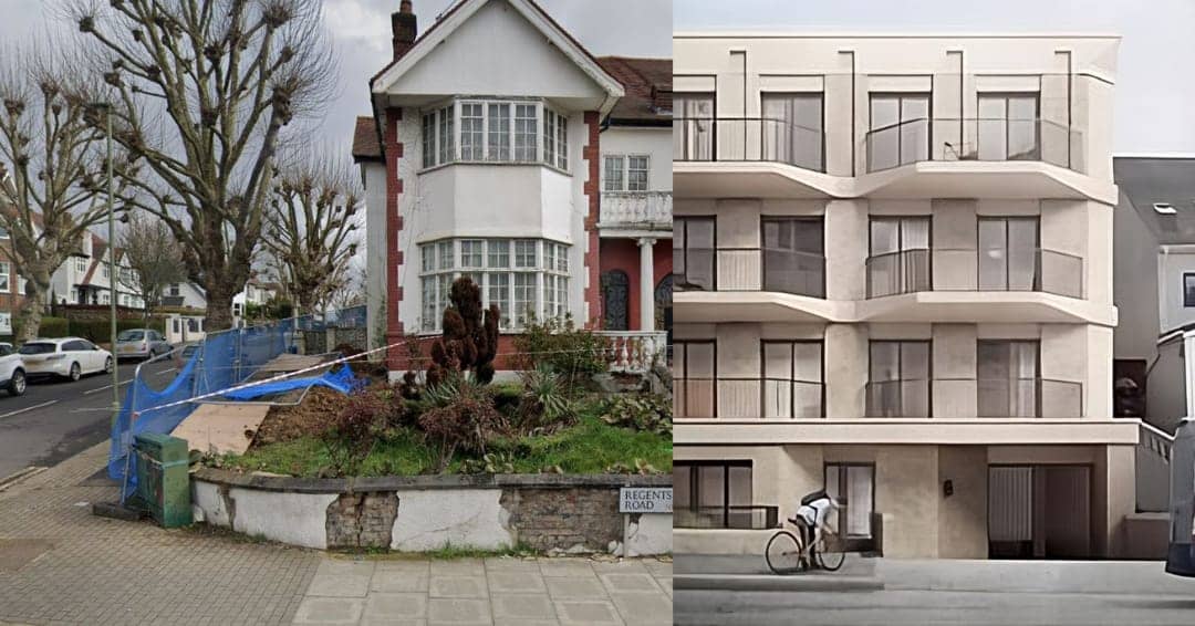 two images side by side: left is current hosues, right is artists impression of new block