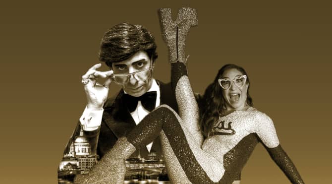 image of comedian lenny beige with Jess robinson in outre seventies clothes