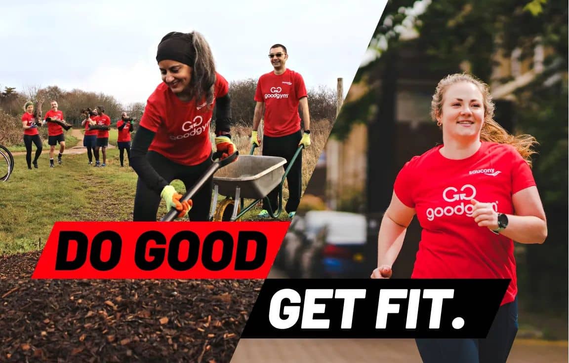 people running in groups and doing outside planting work