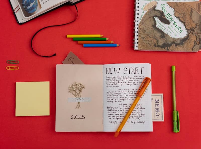 Notebook titled 'new start' with pens, pencils, and sticky notes.