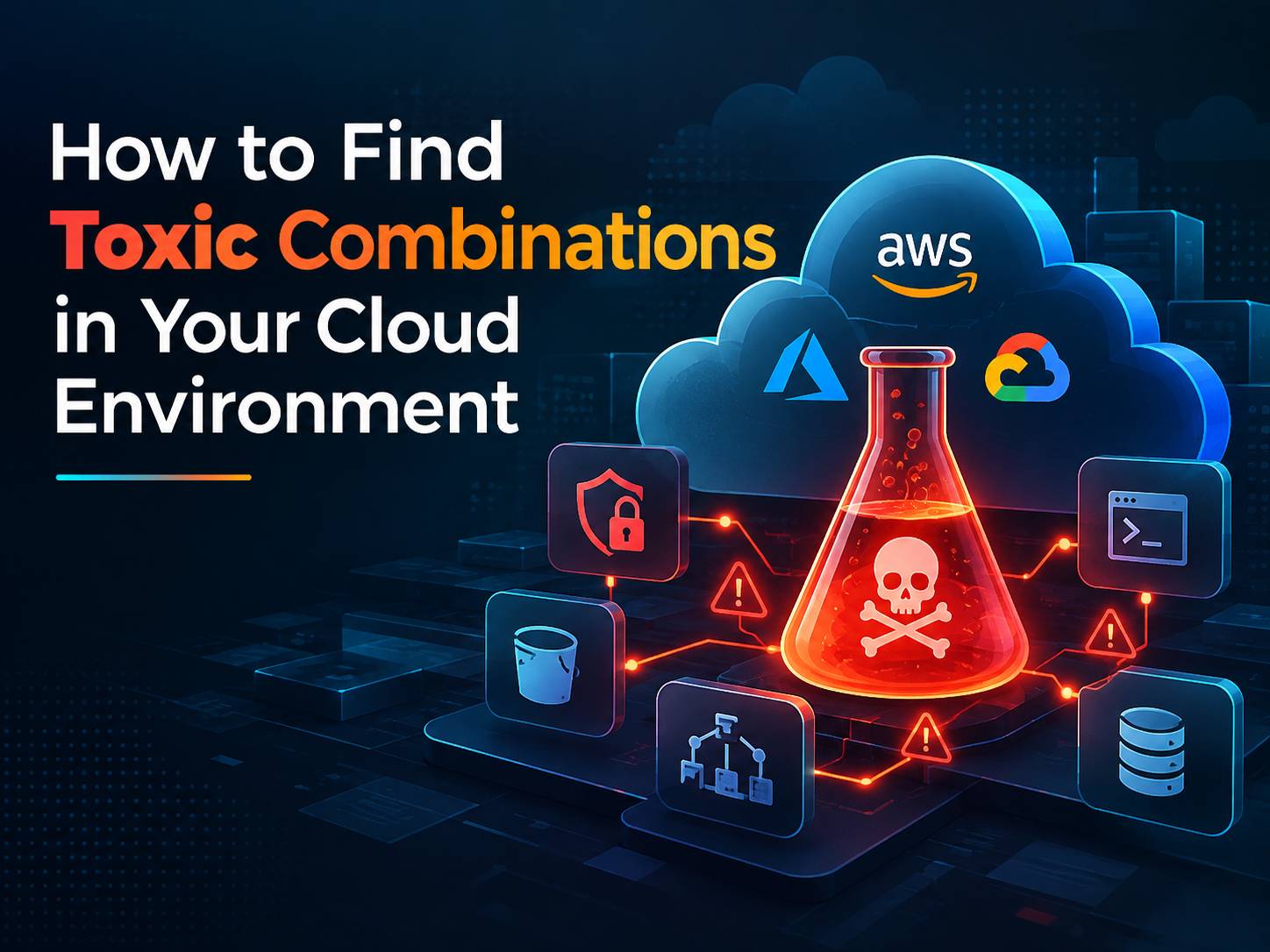 Cloud security toxic combinations showing vulnerabilities, excessive permissions, and sensitive cloud assets connected in an attack path