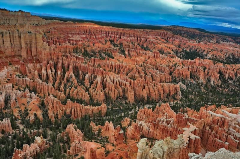 Red rock hoodoos and pine trees in a vast canyon.