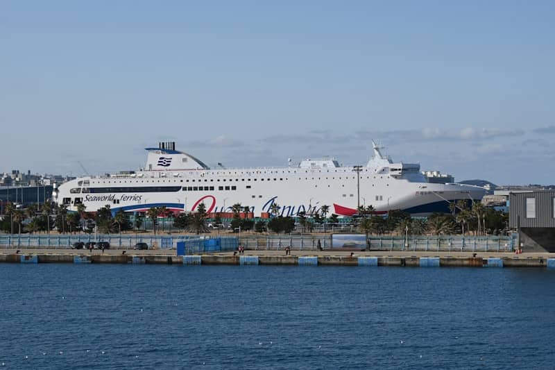 A large white ferry docked at a harbor.