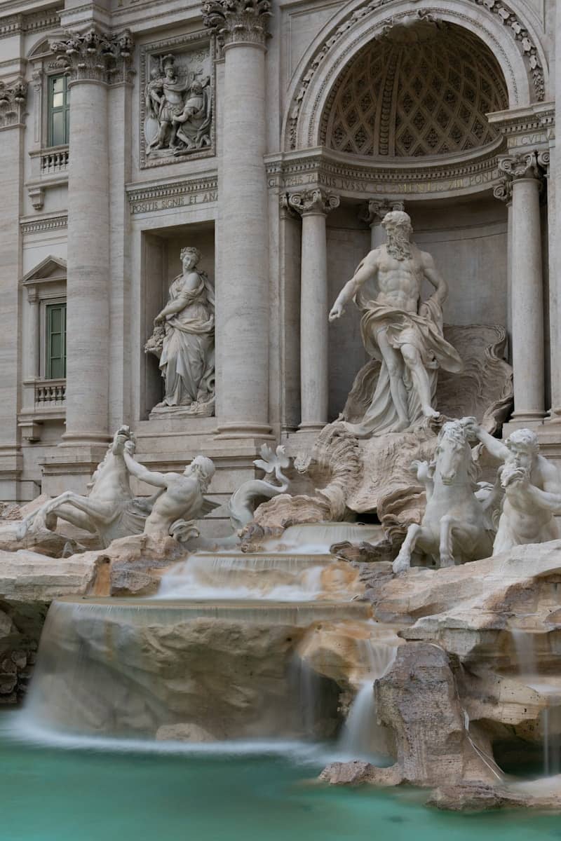 The trevi fountain with water flowing
