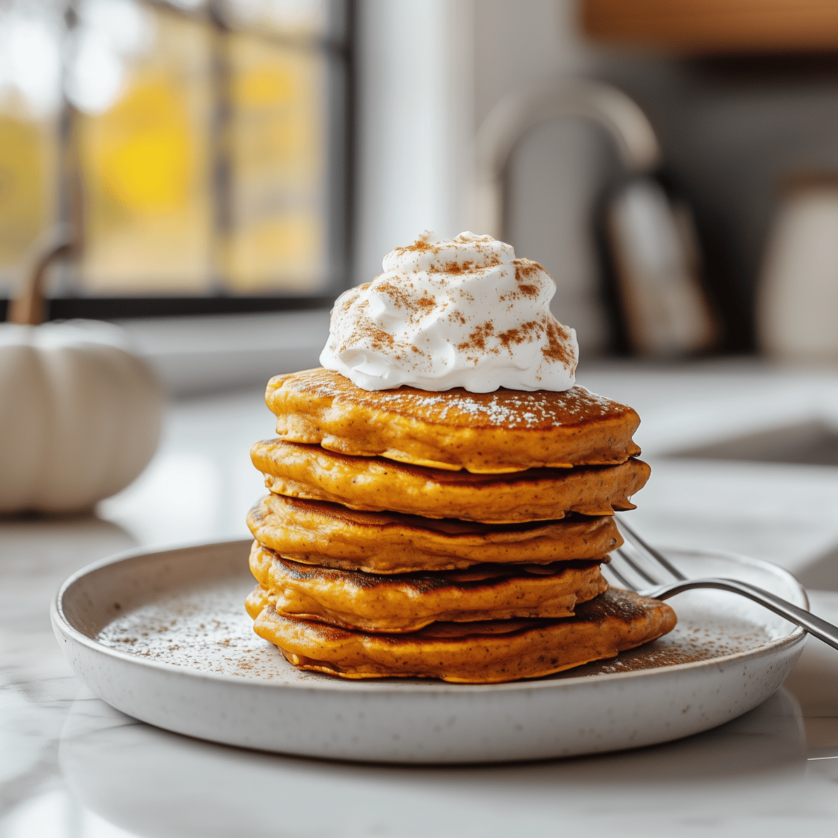Pumpkin pancakes with whipped cream and cinnamon on top. 